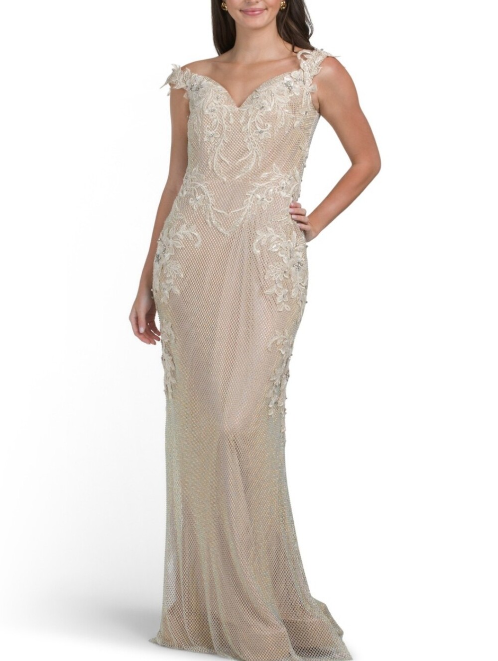 Terani Couture Champagne Lace Appliqué Off-Shoulder Gown Size 14